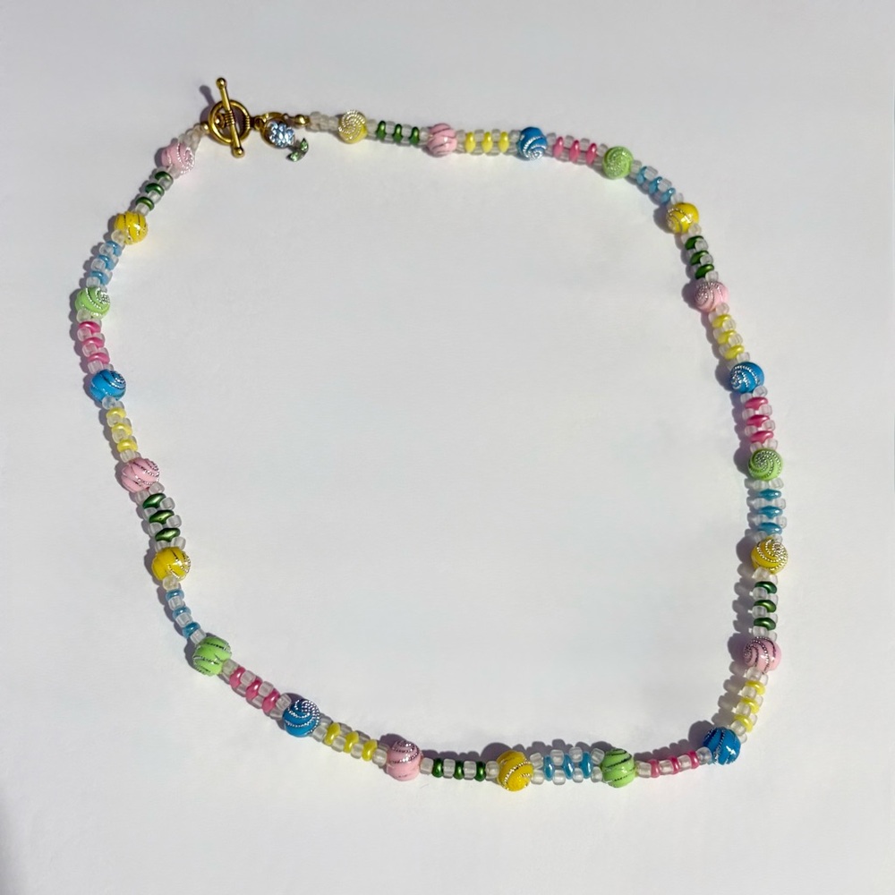 Vintage Pastel Rainbow Beaded Toggle Clasp Rhinestone Flower Charm Necklace